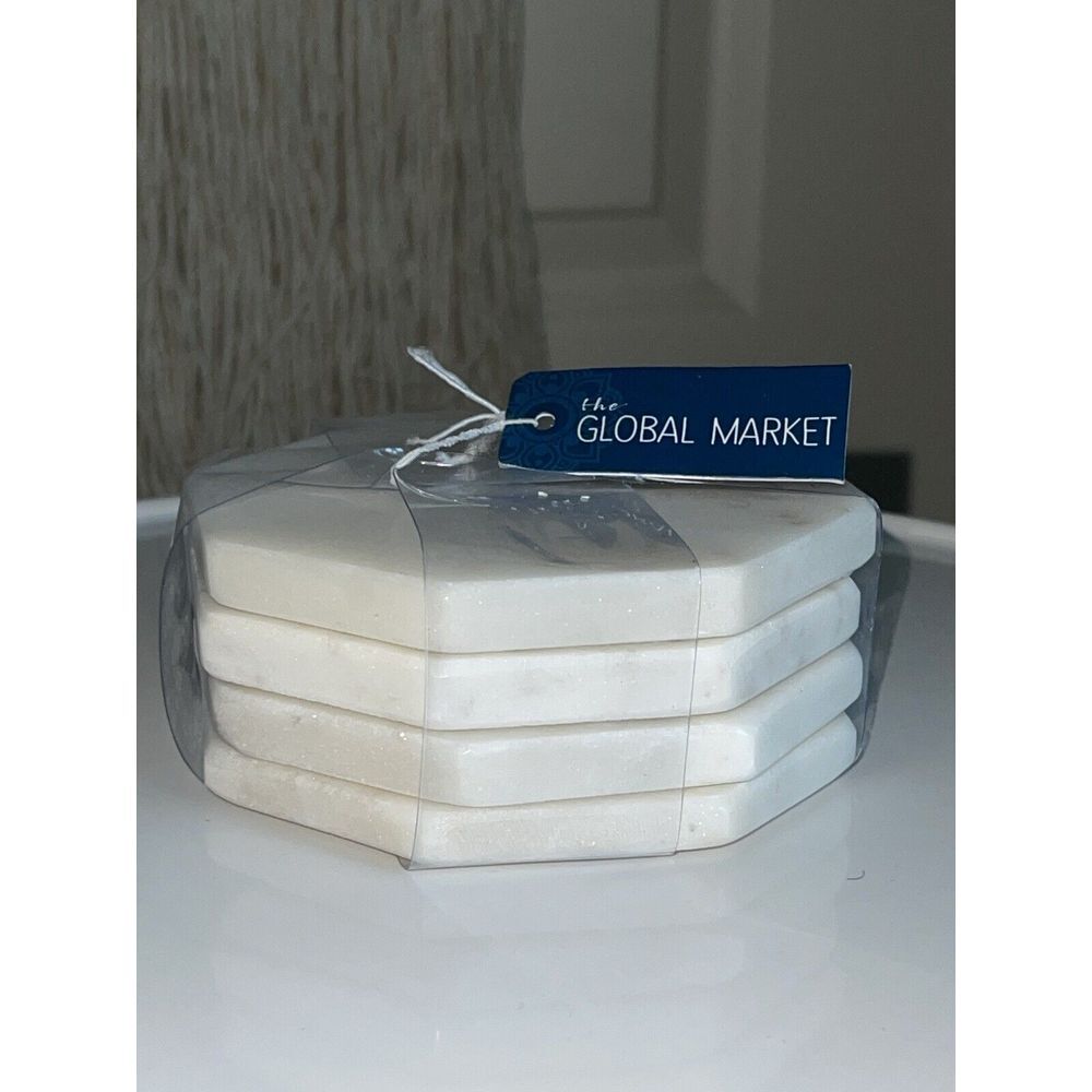 The Global Market Set of 4‎ Square Gray White Marble Heavy 4" x 4" Coasters NWT